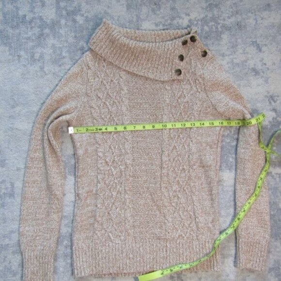 Chunky Cable Knit Heathered Beige Tan Button Fold Over Cowl Neck Sweater - Picture 6 of 9
